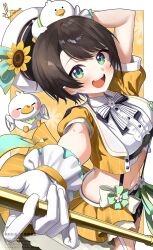  :d animal_on_head arm_up beret black_bow black_bowtie black_hair black_shorts blue_eyes bow bowtie brooch center_frills commentary_request cropped_jacket cropped_shirt female flower_brooch frilled_gloves frilled_shirt frilled_skirt frills garter_straps gloves hat highres holding holding_baton hololive idol jacket jewelry kito_koruta looking_at_viewer marching_band_baton midriff navel official_alternate_costume on_head oozora_subaru oozora_subaru_(starlight) open_mouth overskirt pinstripe_pattern pinstripe_shirt pinstripe_skirt shirt short_hair short_sleeves shorts showgirl_skirt skirt smile solo striped_bow striped_bowtie striped_clothes suba_tomo_(big) suba_tomo_(small) suspender_shorts suspenders swept_bangs teeth upper_teeth_only virtual_youtuber white_bow white_bowtie white_garter_straps white_gloves white_hat white_shirt yellow_jacket yellow_skirt 