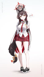  absurdres animal_ear_fluff animal_ears bag black_bag black_choker black_hair black_shoes blue_archive blush bow breasts bucho_sama choker closed_mouth colored_inner_hair female finger_gun fingernails fox_ears fox_girl fox_tail hairbow hand_in_pocket highres holding holding_bag large_breasts long_fingernails long_hair looking_at_viewer multicolored_hair necktie pencil_skirt red_hair red_necktie red_skirt school_uniform shirt shoes sidelocks skirt smile sneakers solo tail tail_bow tail_ornament two-tone_hair wakamo_(blue_archive) white_shirt yellow_bow yellow_eyes 