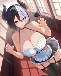  absurdres apron bare_arms bare_shoulders black_choker black_dress black_hair black_thighhighs braid breasts choker claw_pose cleavage closed_mouth commission demon_horns demon_tail dress dutch_angle euphemie female folma frilled_apron frilled_dress frills garter_straps hair_between_eyes hallway halterneck hands_up highres horns indie_virtual_youtuber indoors large_breasts looking_at_viewer multicolored_hair red_eyes short_dress short_hair skeb_commission smile solo spaghetti_strap split-color_hair standing tail thighhighs two-tone_hair virtual_youtuber white_hair zettai_ryouiki 