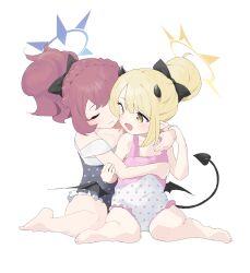  2girls absurdres bare_legs bare_shoulders barefoot black_bow blonde_hair blue_archive blush bow breasts closed_eyes commentary demon_horns demon_tail fuyubone hairbow halo highres horns hug ibuki_(anniversary_swimsuit)_(blue_archive) ibuki_(blue_archive) iroha_(blue_archive) long_hair looking_at_viewer multiple_girls oerba_yun_fang open_mouth pink_hair polka_dot ponytail red_hair ribbon shirt short_hair shorts simple_background sitting smile tail white_background wings yellow_eyes yuri 