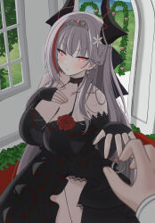 1boy absurdres admiral_zenker_(azur_lane) azur_lane bare_shoulders black_bow black_dress black_gloves black_horns blush bow breasts butadiene cleavage closed_mouth commander_(azur_lane) dress earrings female fingerless_gloves flower frilled_dress frills gloves grey_hair hair_flower hair_ornament hairbow hand_on_own_chest highres horns jewelry large_breasts layered_dress multicolored_hair pov pov_hands red_eyes red_hair red_streaks ring tiara wedding_dress wedding_ring white_flower 