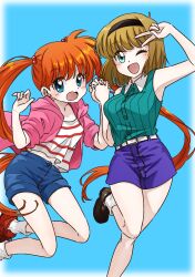  2girls blue_eyes blue_shorts breasts brown_hair collared_shirt commentary_request green_eyes green_shirt highres hosokawa_miki ikura_onigiri inaba_kyouko jacket jigoku_sensei_nube medium_breasts multiple_girls one_eye_closed open_mouth orange_hair pink_jacket shirt short_hair shorts sleeveless sleeveless_shirt small_breasts smile striped_clothes striped_shirt twintails v v_over_eye 