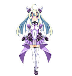  ahoge amakubo_yuri bare_shoulders black_gloves blonde_hair bodysuit breasts clenched_hands closed_mouth covered_navel detached_sleeves dress expressionless exs-tia_flora female full_body gloves green_hair headgear highres kouyoku_senki_exs-tia long_hair looking_at_viewer magical_girl pleated_skirt purple_dress purple_eyes skirt small_breasts solo standing straight-on tachi-e thighhighs transparent_background twintails white_thighhighs zesuto zettai_ryouiki 