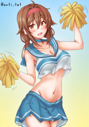  ahoge anti_(untea9) blue_background blue_sailor_collar blue_skirt brown_eyes cheering cheerleader crop_top female gradient_background groin hair_flaps hairband highres holding holding_pom_poms kantai_collection low_twintails medium_hair midriff navel one-hour_drawing_challenge pleated_skirt pom_pom_(cheerleading) red_hairband sailor_collar sailor_shirt shiratsuyu_(kancolle) shirt skirt solo twintails twitter_username white_shirt 
