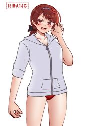  artist_logo bikini bikini_under_clothes braid braided_ponytail cowboy_shot curled_fingers english_commentary female highres hood hooded_jacket ishida_arata jacket kantai_collection logo looking_at_viewer low_ponytail nevada_(kancolle) oerba_yun_fang ponytail red_bikini red_eyes red_hair simple_background single_braid solo swimsuit white_background white_jacket 