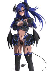  absurdres aoi_tabane black_gloves black_thighhighs blue_eyes blue_hair blush breasts cleavage corruption crossed_arms dark_persona demon_girl demon_tail demon_wings female garter_straps gloves hair_between_eyes hair_ornament head_wings highres kazanari_tsubasa kouyoku_senki_exs-tia large_breasts liberator_(kouyoku_senki_exs-tia) long_hair looking_at_viewer low_wings navel one_side_up pubic_tattoo purple_eyes revealing_clothes senki_zesshou_symphogear shiny_skin showgirl_skirt skirt smile solo standing tail tattoo thighhighs transparent_background wings 