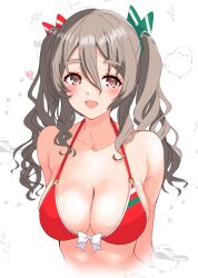  absurdres alternate_costume alternate_hairstyle bikini breasts brown_eyes cleavage female grey_hair hair_between_eyes highres kantai_collection large_breasts long_hair multicolored_bikini nitamako_(sakamalh) pola_(kancolle) red_bikini simple_background solo swimsuit thick_eyebrows twintails upper_body wavy_hair white_background 
