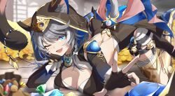  ;o absurdres animal_ear_fluff animal_ears animal_hood black_gloves black_leotard blue_eyes boots breasts cat_ears cat_girl cat_hood cat_tail cipher_(honkai:_star_rail) commentary_request female fingerless_gloves gloves gold_boots gold_necklace high_heel_boots high_heels highres holding holding_with_tail honkai:_star_rail honkai_(series) hood hooded_leotard incredibly_absurdres indoors jewelry korean_commentary large_breasts leotard looking_at_viewer mole mole_on_breast necklace oerba_yun_fang one_eye_closed prehensile_tail short_hair_with_long_locks shorts sinigo01 solo tail top-down_bottom-up treasure white_shorts yellow_nails 
