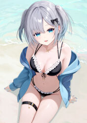  :d absurdres beach bikini black_bikini black_bow blue_eyes blue_jacket blue_nails blush bow breasts butterfly_necklace cleavage cross_hair_ornament female frilled_bikini frills grey_hair hair_ornament hairbow hashtag-only_commentary highres jacket jewelry kaga_sumire kyokyo495 long_eyelashes medium_breasts navel necklace off_shoulder short_hair sitting smile solo swimsuit thigh_gap thigh_strap water 