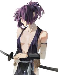  center_opening collarbone female g4rrel highres hip_vent japanese_clothes jigokuraku katana kimono looking_to_the_side ponytail purple_hair purple_kimono sheath sheathed simple_background solo sword weapon white_background yuzuriha_(jigokuraku) 