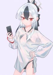  absurdres aoore_x64 bikini black_bikini black_bow black_hair black_horns black_nails blue_archive bow camera closed_mouth commentary demon_horns female grey_hair hair_between_eyes halo hands_on_own_hips highres holding holding_camera horns kayoko_(blue_archive) long_hair long_sleeves red_eyes see-through_clothes see-through_shirt shirt solo standing swimsuit symbol-only_commentary white_shirt 