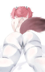  absurdres armor ass ass_focus backless_bodysuit backless_outfit bare_shoulders black_bow bodysuit bow cameltoe female from_behind hair_intakes hairbow highres lupa_(wuthering_waves) meaowtakhe pink_hair solo tail thick_thighs thighs white_background white_bodysuit wolf_tail wuthering_waves 