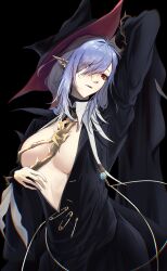  absurdres arknights arm_up black_dress black_hat blue_hair breasts breasts_apart chromatic_aberration cowboy_shot dress eyes_visible_through_hair female gladiia_(arknights) gladiia_(i_am_the_tides)_(arknights) hair_over_one_eye hat highres long_hair looking_at_viewer no_bra official_alternate_costume parted_lips pointy_ears red_eyes solo teeth thorns unknown_(riseillustrator) upper_teeth_only 