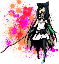  alchemist_(ragnarok_online) animal_ears black_bow black_hair black_pantyhose blood blood_splatter boots bow cape cat_ears cat_girl commentary_request crazy_eyes crazy_smile detached_sleeves dress female flat_chest fold-over_boots full_body fur_collar green_boots green_eyes green_sleeves high_contrast holding holding_lead_pipe lead_pipe long_hair meiko_(nattu303) open_mouth pantyhose ragnarok_online sash simple_background smile solo strapless strapless_dress very_long_hair white_dress 