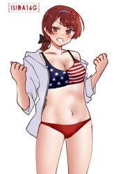  american_flag american_flag_bikini american_flag_print artist_logo bikini bikini_under_clothes braid braided_ponytail cowboy_shot curled_fingers english_commentary female flag_print flag_print_bikini grin highres hood hooded_jacket ishida_arata jacket kantai_collection logo looking_at_viewer low_ponytail mismatched_bikini navel nevada_(kancolle) nevada_kai_(kancolle) nevada_kai_mod.2_(swimsuit)_(kancolle) open_clothes open_jacket ponytail print_bikini red_eyes red_hair simple_background single_braid smile solo swimsuit w_arms white_background white_jacket 