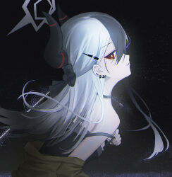  absurdres black_bow black_dress black_horns black_nails blue_archive bow brown_jacket commentary_request demon_horns dress ear_piercing female from_side hair_between_eyes hairbow halo highres horns jacket kayoko_(blue_archive) kayoko_(dress)_(blue_archive) long_hair looking_at_viewer night night_sky official_alternate_costume official_alternate_hairstyle parted_lips piercing red_eyes sky solo xin1 