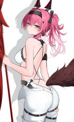  absurdres ass back backless_bodysuit black_bow bodysuit bow breasts closed_mouth commentary_request earrings female gradient_hair hair_between_eyes hairband hairbow headgear highres holding holding_polearm holding_weapon jewelry large_breasts long_hair looking_at_viewer looking_to_the_side luoboko lupa_(wuthering_waves) metal_hairband multicolored_hair pink_hair polearm simple_background solo tail weapon white_background white_bodysuit wolf_tail wuthering_waves yellow_eyes 