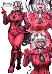  beelzebub_(helltaker) blush boots bow bracelet breasts brooch character_name cleavage coat demon_horns fangs female gloves helltaker highres horns index_finger_raised jewelry knee_boots large_breasts laughing licking_lips long_sleeves looking_at_viewer overcoat red_bow red_gloves red_shirt sfour_s4 shirt short_hair simple_background solo suit tail tongue tongue_out white_background white_hair wide_hips 