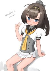  absurdres aged_down ahoge akizuki_(kancolle) black_hair black_headband black_sailor_collar clothes_writing corset dated feet_out_of_frame female flat_chest grey_eyes hair_ornament headband highres kantai_collection long_hair looking_at_viewer maru_(marg0613) neckerchief one-hour_drawing_challenge open_mouth orange_neckerchief ponytail propeller_hair_ornament puffy_short_sleeves puffy_sleeves sailor_collar school_uniform serafuku short_sleeves simple_background sitting skirt solo twitter_username white_background white_skirt 