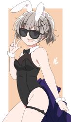  absurdres animal_ear_hairband animal_ears animebrit bare_legs black_bow black_bowtie black_leotard bow bowtie breasts detached_collar fake_animal_ears female grey_hair hair_ornament hairband highres leotard looking_at_viewer medium_breasts oerba_yun_fang pantyhose playboy_bunny purple_eyes rabbit_ears short_hair skin_fang slow_loop smile solo sunglasses thigh_strap v wrist_cuffs x_hair_ornament yoshinaga_koi 