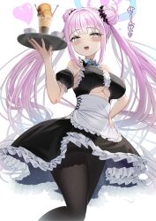  :d absurdres alternate_costume alternate_hairstyle apron bare_shoulders black_dress black_pantyhose black_sleeves blue_archive blush breasts cleavage clothing_cutout commentary_request detached_sleeves double_bun dress female frilled_apron frills hair_bun halo hand_on_own_hip hand_up heart highres holding holding_tray large_breasts long_hair looking_at_viewer mika_(blue_archive) open_mouth pantyhose pink_halo puffy_short_sleeves puffy_sleeves short_sleeves sleeveless sleeveless_dress smile solo tray twintails underboob_cutout very_long_hair waist_apron wanderlucia white_apron yellow_eyes 