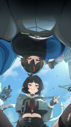  2girls animal_ears bangboo_(zenless_zone_zero) black_hair black_shorts blue_jacket blush breasts from_below fur-trimmed_jacket fur_trim green_eyes green_jacket gun hairband high-waist_pants high-waist_shorts highres holding holding_gun holding_weapon jacket jane_doe_(zenless_zone_zero) large_breasts long_hair long_tail looking_at_viewer looking_down metal_hairband monobe_yuri mouse_ears mouse_girl mouse_tail multicolored_hair multiple_girls necktie pants pantyhose police police_uniform policewoman pov red_eyes red_hair red_streaks securityboo_(zenless_zone_zero) sharp_tail short_hair shorts single_leg_pantyhose smile streaked_hair sweat tail thighhighs tight_clothes tight_pants torn_clothes torn_pantyhose torn_thighhighs two-tone_necktie weapon zenless_zone_zero zhu_yuan 