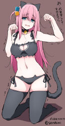  alternate_costume animal_ear_hairband animal_ears bell black_bra black_collar black_panties black_thighhighs blue_eyes bocchi_the_rock! bra breasts brown_background cat_ear_panties cat_ears cat_tail clothing_cutout collar commentary cube_hair_ornament embarrassed fake_animal_ears fake_tail female frilled_bra frills gotoh_hitori hair_ornament hairband half-closed_eyes heart_cutout large_breasts lingerie long_hair motion_lines neck_bell open_mouth panties paw_pose pink_hair raised_inner_eyebrows serebi_ryousangata simple_background tail thighhighs translation_request trembling twitter_username underwear 