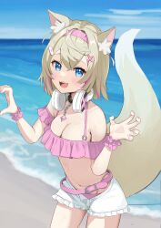  alternate_costume animal_ear_fluff animal_ears bandaid bandaid_hair_ornament bare_shoulders beach belt bikini bikini_under_shorts blonde_hair blue_eyes blue_sky blush breasts claw_pose cleavage collarbone dog_ears dog_girl dog_tail female front-tie_bikini_top front-tie_top hair_ornament headphones heart heart_hands heart_hands_duo highres hololive hololive_english horn_hairband looking_at_viewer medium_breasts mococo_abyssgard multicolored_hair navel open_mouth pink_belt pink_bikini pink_hair pink_nails pink_scrunchie scrunchie short_hair short_shorts shorts sky smile solo stomach swimsuit taachika tail unworn_headphones virtual_youtuber white_shorts wrist_scrunchie x_hair_ornament 