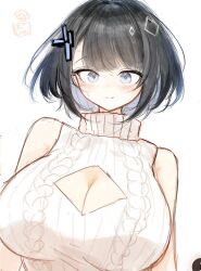  alternate_costume arknights arknights:_endfield black_hair breasts cleavage_cutout clothing_cutout commentary_request diamond_cutout endministrator_(arknights) female female_endministrator_(arknights) grey_eyes hakoniwashinshi highres large_breasts looking_down ribbed_sweater short_hair simple_background sleeveless sleeveless_sweater smile solo sweater turtleneck turtleneck_sweater upper_body white_background white_sweater 