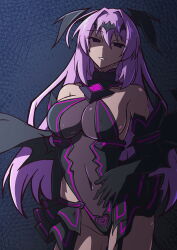  absurdres aoi_tabane bare_shoulders black_gloves breasts cleavage corruption covered_navel dark_persona elbow_gloves empty_eyes evil_smile female gloves hair_ornament highres katsuragi_marina kouyoku_senki_exs-tia large_breasts leotard liberator_(kouyoku_senki_exs-tia) long_hair looking_at_viewer mind_control pubic_tattoo purple_eyes purple_hair see-through_clothes skirt smile solo tattoo wings 
