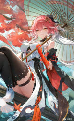  absurdres ahoge bare_shoulders black_bow black_collar black_jacket black_thighhighs body_markings bow braid breasts changli_(wuthering_waves) chinese_commentary collar colored_extremities commentary_request crossed_legs dress female hair_extensions hair_ornament hairbow highres holding holding_umbrella hua_si jacket large_breasts multicolored_hair oil-paper_umbrella pink_hair red_hands ring_hair_extensions sitting solo tacet_mark_(wuthering_waves) thigh_strap thighhighs thighs twin_braids two-tone_hair umbrella white_dress white_hair white_umbrella wuthering_waves 
