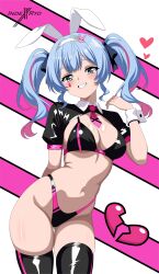  absurdres animal_ears bikini black_bikini black_bow black_thighhighs blue_eyes blue_hair bow breasts clothing_cutout detached_collar fake_animal_ears female hair_ornament hairband hairclip hatsune_miku heart_cutout highres indexxryo large_breasts long_hair looking_at_viewer navel pink_pupils rabbit_ears rabbit_hole_(vocaloid) solo swimsuit teardrop_facial_mark thighhighs twintails vocaloid white_hairband wrist_cuffs 