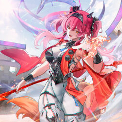  absurdres armor black_bow bodysuit bow breastplate breasts chromatic_aberration collar commentary earrings female gradient_hair hair_between_eyes hairband hairbow hand_up headgear highres holding holding_polearm holding_weapon jewelry large_breasts long_hair looking_at_viewer lupa_(wuthering_waves) metal_collar metal_hairband multicolored_hair nervi_fd open_mouth outdoors pink_hair polearm red_pupils red_sash sash smile solo tacet_mark_(wuthering_waves) tail teeth twintails upper_teeth_only weapon white_bodysuit wolf_tail wrist_guards wuthering_waves yellow_eyes 
