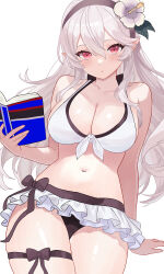  absurdres bikini bikini_skirt black_bow black_hairband blush book bow breasts cleavage closed_mouth female female_corrin_(fire_emblem) female_corrin_(novice_vacationer)_(fire_emblem) fire_emblem fire_emblem_fates fire_emblem_heroes flower front-tie_bikini_top front-tie_top grey_hair hair_between_eyes hair_flower hair_ornament hairband highres holding holding_book jewelry large_breasts long_hair looking_at_viewer n_54 navel official_alternate_costume pointy_ears red_eyes simple_background solo swimsuit thighlet white_background white_bikini white_hair 