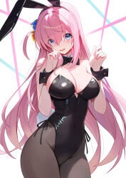  bare_shoulders black_bow black_bowtie black_hairband black_pantyhose black_wrist_cuffs blue_eyes blush bocchi_the_rock! bow bowtie breasts cleavage collar commentary covered_navel cube_hair_ornament female gotoh_hitori hair_between_eyes hair_ornament hairband highres large_breasts long_hair looking_at_viewer melreon one_side_up open_mouth pantyhose pink_hair playboy_bunny solo thighs white_background white_collar wrist_cuffs 