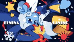  1boy black_leggings blue_eyes blue_jacket blue_pants blue_skin boots colored_skin deltarune elnina_(deltarune) female hashtag-only_commentary highres jacket lanino_(deltarune) leggings looking_at_viewer medium_hair necktie pants ponytail raincloud red_eyes red_necktie reignbeaux13 shirt short_hair smile snowflakes sparkle star_(symbol) sun white_hair white_shirt yellow_boots yellow_skin 