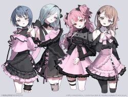  4girls :o arm_at_side arm_behind_back asymmetrical_bangs asymmetrical_legwear bare_shoulders black_bow black_flower black_thighhighs blue_eyes blue_hair bow bow_skirt braid brown_hair brown_nails buttons center_frills clothing_cutout collarbone commentary_request company_name copyright_notice cropped_legs cross-laced_clothes cross-laced_dress cross-laced_skirt cross-laced_slit detached_collar double-parted_bangs dress earrings flower frilled_dress frilled_shirt frilled_sleeves frilled_thigh_strap frills grey_background grey_eyes hair_behind_ear hair_between_eyes hair_flower hair_ornament hair_over_one_eye hairbow halterneck hanasato_minori hand_ip head_tilt heart heart_button heart_earrings high-waist_skirt highres hinomori_shizuku jewelry jirai_kei karo_(karohroka) kiritani_haruka long_hair long_sleeves looking_at_viewer medium_hair miniskirt mole mole_under_mouth momoi_airi more_more_jump!_(project_sekai) multiple_girls nail_polish open_mouth pale_skin pink_bow pink_hair pink_ribbon pink_shirt pink_skirt project_sekai red_eyes ribbon ribbon-trimmed_dress ribbon-trimmed_skirt ribbon_trim ring shirt shirt_tucked_in short_dress short_hair shoulder_cutout simple_background single_braid single_off_shoulder skindentation skirt sleeve_bow smile teeth thigh_strap thighhighs two_side_up upper_teeth_only web_address 