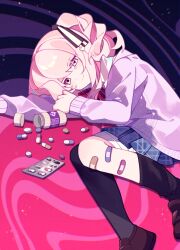  1other abstract_background akiyama_mizuki aran_sweater asymmetrical_legwear bandage_on_leg bandaged_leg bandages black_bow black_thighhighs blue_skirt bottle bottle_cap bow bowtie brown_shoes cable_knit chromatic_aberration closed_mouth collared_shirt commentary diagonal-striped_bow diagonal-striped_bowtie diagonal-striped_clothes drill_hair drill_ponytail english_commentary feet_out_of_frame hair_between_eyes hair_ornament hairbow hand_on_own_arm heart heart_hair_ornament highres kamiyama_high_school_uniform_(project_sekai) knees_together_feet_apart laylayhappy light_particles loafers long_hair long_sleeves looking_at_viewer lying miniskirt on_side other_focus pill pink_background pink_eyes pink_hair plaid_clothes plaid_skirt pleated_skirt project_sekai puffy_long_sleeves puffy_sleeves purple_background purple_sweater red_bow red_bowtie school_uniform shirt shoes side_ponytail sidelocks simple_background skirt smile solo striped_clothes sweater swept_bangs tearing_up thighhighs two-tone_background uneven_legwear white_shirt 