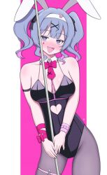  animal_ears arm_ribbon armband black_armband black_leotard black_pantyhose blue_eyes blue_hair blush border bow bowtie breasts clothing_cutout collar commentary cowboy_shot dokadayo dot_nose double-parted_bangs fake_animal_ears female hair_ornament hairband hairpin half_updo harness hatsune_miku heart_cutout highres holding holding_pole large_breasts leaning_forward leotard looking_at_viewer medium_hair multiple_hairpins necktie nose_blush open_mouth pantyhose pink_background pink_pupils pink_wrist_cuffs playboy_bunny pole rabbit_ears rabbit_hair_ornament rabbit_hole_(vocaloid) red_bow red_bowtie red_necktie red_ribbon ribbon seductive_smile short_necktie simple_background single_wrist_cuff smile solo spaghetti_strap symbol-only_commentary teardrop_facial_mark vocaloid white_border white_collar white_hairband wrist_cuffs 