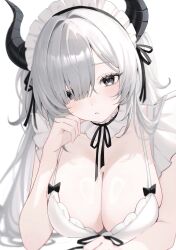  absurdres arm_rest black_bow black_horns black_ribbon blush bow breasts cleavage commentary dress dress_bow elbow_rest female frilled_dress frilled_hairband frills grey_eyes grey_hair hair_over_one_eye hair_ribbon hairband hand_on_own_cheek hand_on_own_face hand_up head_tilt highres horns large_breasts long_hair looking_at_viewer lying maid_headdress mole mole_under_eye namedango_(uouodango) neck_ribbon on_stomach original parted_lips ribbon simple_background solo very_long_hair white_background white_dress white_hairband 