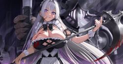  1other absurdres black_bow black_bowtie black_dress blood blood_on_breasts blood_on_clothes blood_on_face blood_on_weapon blush bow bowtie breasts chains commission cross-shaped_pupils dress fake_horns female fingernails floating_hair frilled_dress frilled_hairband frills gem goback grey_hair grin hairband helmet highres holding holding_scythe holding_weapon horned_helmet horns huge_breasts long_hair multicolored_hair original pixiv_commission purple_eyes purple_gemstone purple_hair scythe sharp_fingernails sidelocks sleeveless sleeveless_dress smile solo_focus streaked_hair symbol-shaped_pupils upper_body very_long_fingernails very_long_hair weapon white_wrist_cuffs wrist_cuffs 