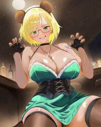  absurdres animal_ears aqua_nails bare_arms bare_shoulders bear_ears black_choker blonde_hair breasts brown_thighhighs character_request choker claw_pose cleavage commission dress fake_animal_ears female folma glasses green_dress green_eyes grin hairband halterneck hands_up highres jewelry large_breasts looking_at_viewer nail_polish necklace original semi-rimless_eyewear short_dress short_hair sitting skeb_commission smile solo spaghetti_strap thighhighs under-rim_eyewear underbust 