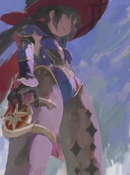  absurdres armor black_gloves breasts daodtt embroidery female from_below fur_trim genshin_impact gloves gold_embroidery gold_thighlet gold_trim hair_between_eyes hat highleg highleg_leotard highres leotard mona_(genshin_impact) shoulder_armor small_breasts solo twintails vambraces witch_hat 