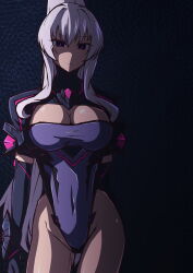  absurdres aoi_tabane ass_visible_through_thighs black_gloves breasts cleavage cleavage_cutout closed_mouth clothing_cutout corruption covered_navel cowboy_shot dark_persona elbow_gloves empty_eyes expressionless exs-slave female gloves grey_hair highleg highleg_leotard highres kouyoku_senki_exs-tia large_breasts leotard long_hair looking_at_viewer ponytail purple_eyes purple_leotard rieszverne_suzette_paladill solo standing very_long_hair white_hair 