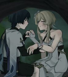  1boy aqua_trim armor artist_name averting_eyes bandaged_wrist bandages bare_shoulders belt black_belt black_bodysuit black_bridal_gauntlets black_eyes black_hair black_shorts blonde_hair blue_cape bodysuit breasts bridal_gauntlets bruise bruise_on_face bruise_on_shoulder cape cleavage closed_mouth collarbone expressionless female fingernails first_aid flower furisode genshin_impact gold gold_ring hair_flower hair_ornament hakama hakama_shorts halterneck highres holding_bandages injury japanese_armor japanese_clothes kimono kote kurokote looking_at_another looking_down lumine_(genshin_impact) middle_ring outdoors pleated_shorts purple_rope purple_sash rope sash scaramouche_(genshin_impact) short_hair short_hair_with_long_locks short_sleeves shorts sidelocks sitting small_breasts sweatdrop taking_shelter thighhighs turtleneck turtleneck_bodysuit wanderer_(genshin_impact) white_flower white_kimono white_sleeves white_thighhighs white_trim zac-n 