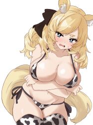  absurdres alternate_costume animal_ear_fluff animal_ears animal_print arknights arms_under_breasts asymmetrical_bangs bikini black_bow blue_eyes blush bow breast_lift breasts cleavage collarbone commentary cow_print cow_print_bikini cow_print_thighhighs cowboy_shot crossed_arms embarrassed female furrowed_brow hairbow highres horse_ears horse_girl horse_tail large_breasts leaning_forward long_hair looking_at_viewer midori10 navel oerba_yun_fang open_mouth parted_bangs print_bikini print_thighhighs short_eyebrows side-tie_bikini_bottom simple_background solo standing sweatdrop swimsuit tail textless_version thighhighs wavy_mouth whislash_(arknights) white_background 