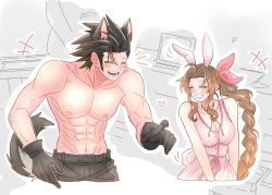  +++ 1boy 7_(milu577610) abs aerith_gainsborough animal_ears bare_shoulders black_gloves black_hair black_pants blush braid braided_ponytail breasts brown_hair cleavage closed_eyes collarbone commentary_request couple crisis_core_final_fantasy_vii dress facing_another female final_fantasy final_fantasy_vii final_fantasy_vii_rebirth final_fantasy_vii_remake gloves grin hair_ribbon heart height_difference highres long_hair motion_lines open_mouth pants parted_bangs pink_dress pink_ribbon ponytail rabbit_ears rabbit_tail ribbon sidelocks smile spiked_hair tail toned toned_male topless_male upper_body wolf_ears wolf_tail zack_fair 