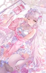  absurdres ahoge animal_ears armpit_crease bandaid bandaid_hair_ornament breasts cardigan chair chandelier choppy_bangs comb commission compact_(cosmetics) cosmetics cropped_cardigan detached_wings dress eyelashes female flower frilled_dress frilled_hairband frilled_thighhighs frills gaming_chair grey_eyes hair_ornament hairband heart heart_ahoge highres indie_virtual_youtuber indoors intravenous_drip isari_sensei iv_stand light_blush long_hair mini_wings parted_lips picture_frame pink_cardigan pink_flower pink_hair pink_rose purin_(pwurin_) rose rubbing_eyes sitting sleeves_past_wrists small_breasts solo spaghetti_strap stuffed_toy swivel_chair thighhighs very_long_hair virtual_youtuber white_dress white_thighhighs wing_hair_ornament wings 