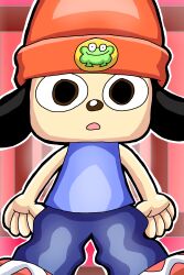  2:3 absurd_res amphibian anthro beanie black_ears black_eyes blue_bottomwear blue_clothing blue_pants blue_shirt blue_topwear bottomwear brown_eyes canid canine clothing digital_media_(artwork) ears_down footwear frog hat headgear headwear hi_res krita_(artwork) male mammal open_hands open_mouth outline pants parappa_the_rapper pivoted_ears playstation red_background red_clothing red_footwear red_shoes rushthepenguin shaded shirt shoes simple_background solo sony_corporation sony_interactive_entertainment surprised topwear 
