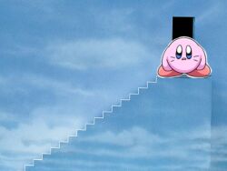  4:3 alien ambiguous_gender blue_eyes blue_wallpaper clothing darkness detailed_background digital_media_(artwork) door feral footwear hal_laboratory hi_res humor kirby_(series) krita_(artwork) looking_at_viewer meme nintendo open_door open_mouth outline pink_body red_clothing red_footwear red_shoes rushthepenguin scared shaded shocked shoes sky stairs surprised the_truman_show worried 